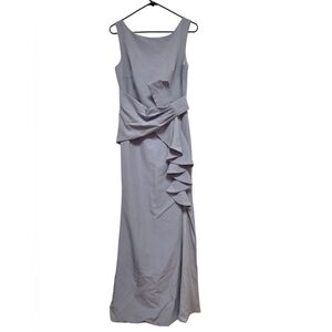 Elegant Gray Sleeveless Dress With Ruffle Detail, Zip Up Back And Side Slit